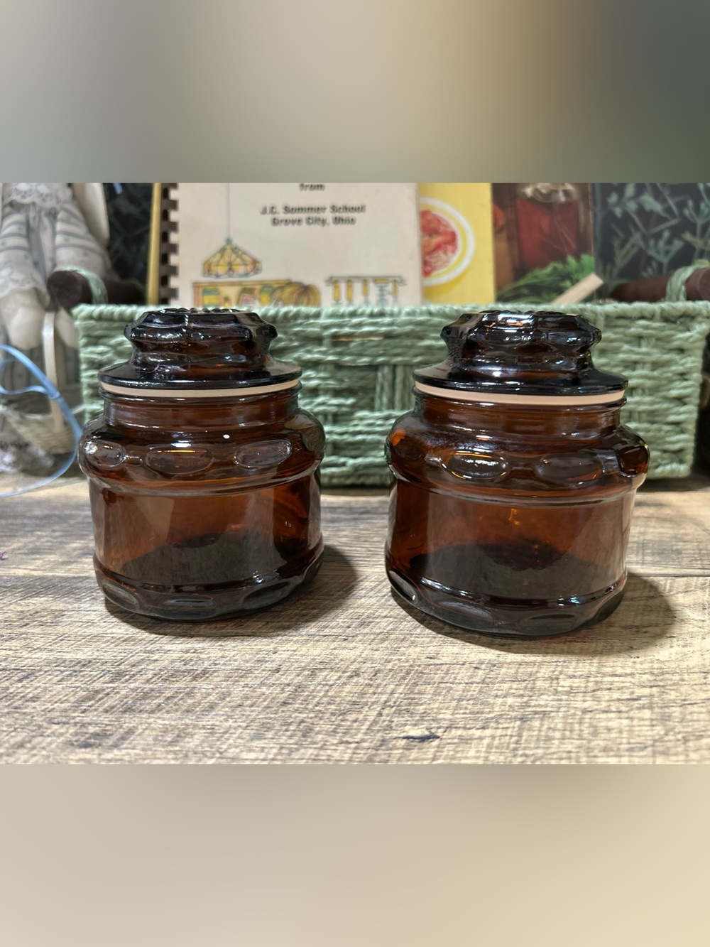 VTG Mid Century Amber Glass Apothecary Spice Jars Set of 2